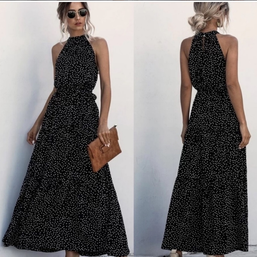 Kara and Kate halter neckline elastic waist maxi dress black, white polka dot XL